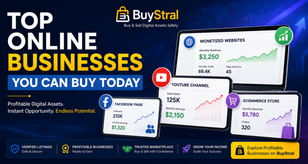 Top online businesses for sale including monetized websites, YouTube channels, and eCommerce stores