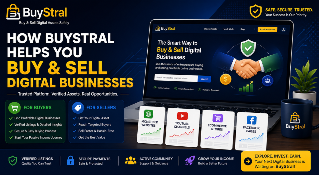 BuyStral digital marketplace for buying and selling monetized websites, YouTube channels, and online businesses