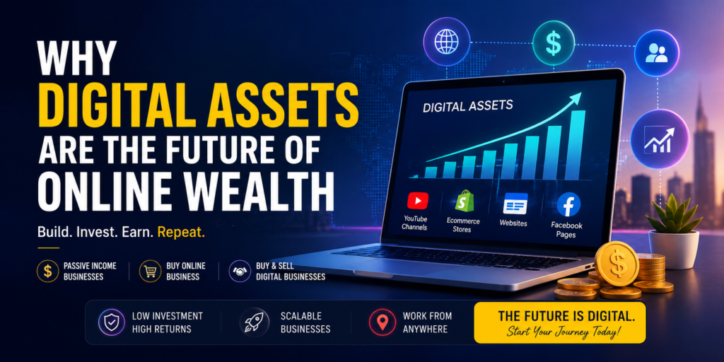 Modern digital business banner showing online wealth growth through digital assets including monetized YouTube channels, ecommerce stores, websites, and Facebook pages with financial growth charts and passive income concepts.