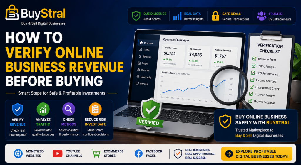 Business revenue verification dashboard for buying online businesses and digital assets
