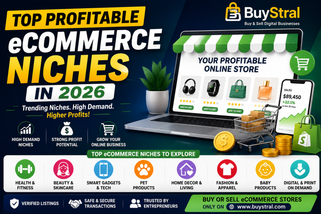 Modern eCommerce marketing banner showing profitable eCommerce niches in 2026 including health, beauty, tech, pets, fashion, home decor, and Shopify store businesses for online growth with BuyStral.