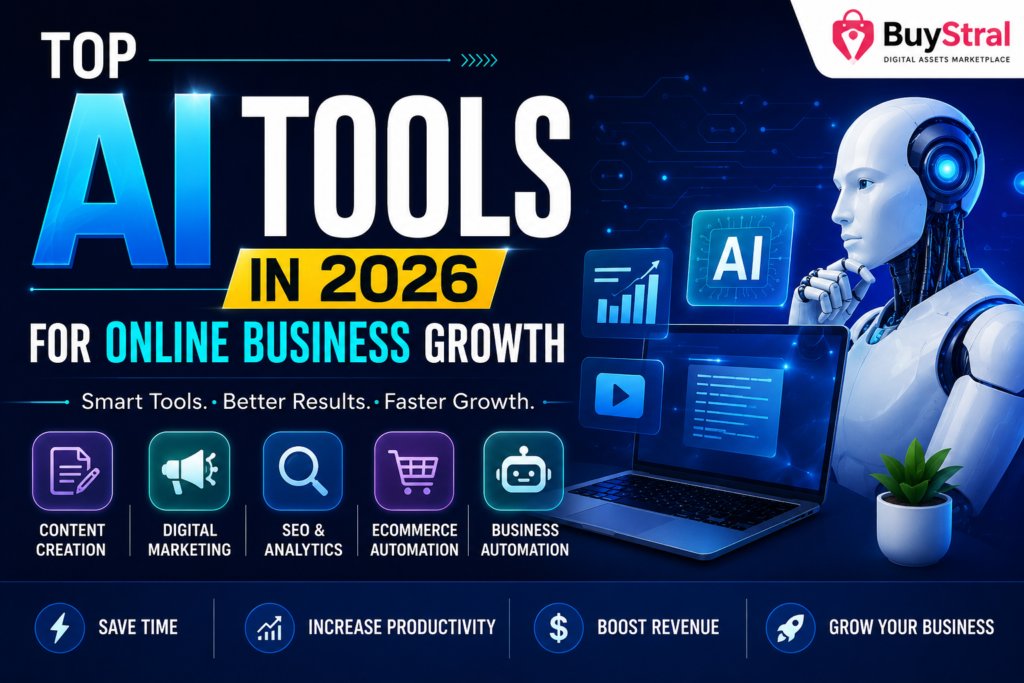 Futuristic AI tools banner showing artificial intelligence technology, digital marketing, SEO, content creation, and online business growth in 2026 with BuyStral branding.