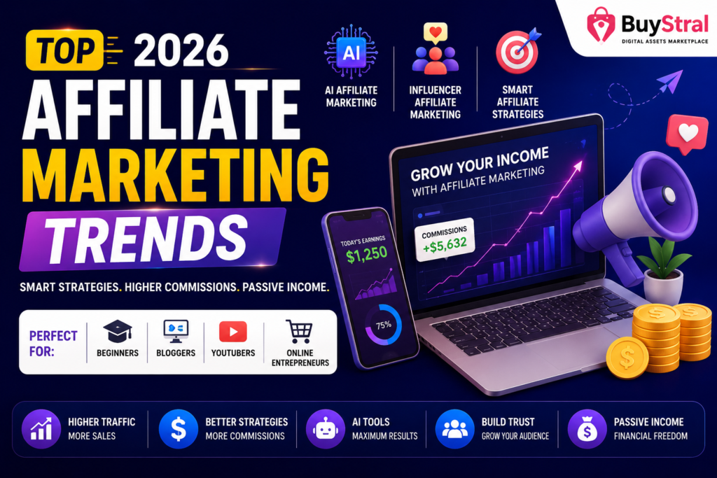 Modern affiliate marketing trends banner featuring AI affiliate marketing, influencer marketing, passive income growth, blogging, YouTube marketing, and online business strategies in 2026 with BuyStral branding.