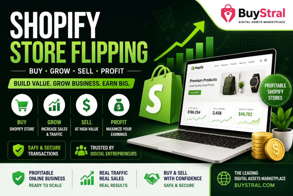 Professional Shopify store flipping banner showing profitable Shopify stores, eCommerce business growth, online store buying and selling, digital entrepreneurship, and BuyStral digital assets marketplace.