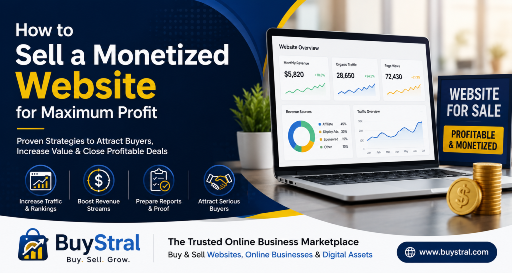 Professional BuyStral banner showing strategies to sell a monetized website for maximum profit with website analytics, online business marketplace branding, and digital asset selling concepts.