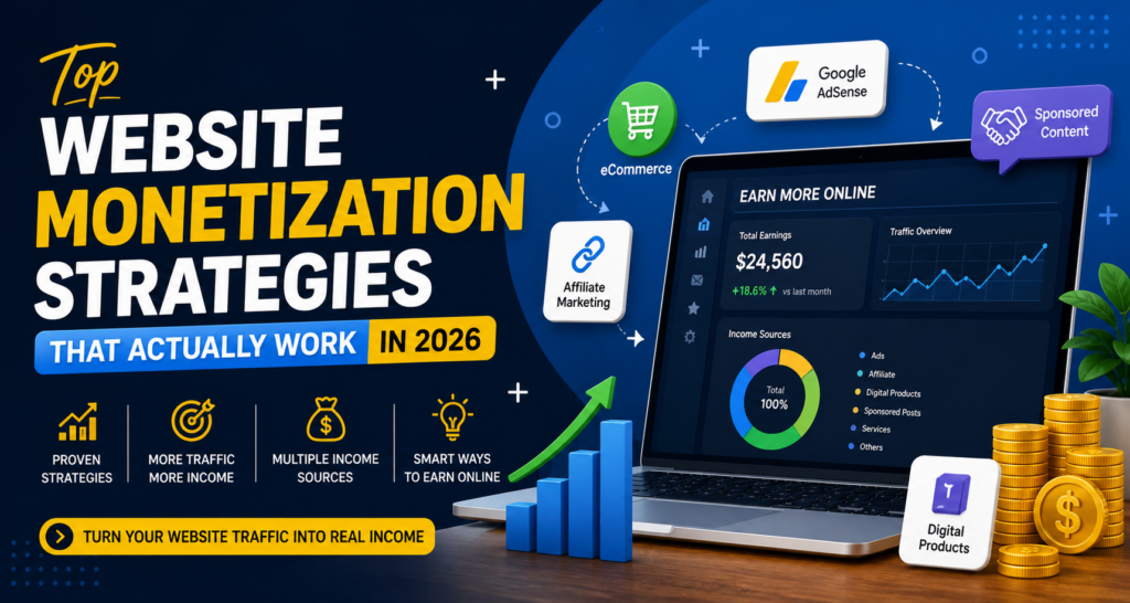 Top website monetization strategies in 2026 including AdSense, affiliate marketing, digital products, and online income growth methods