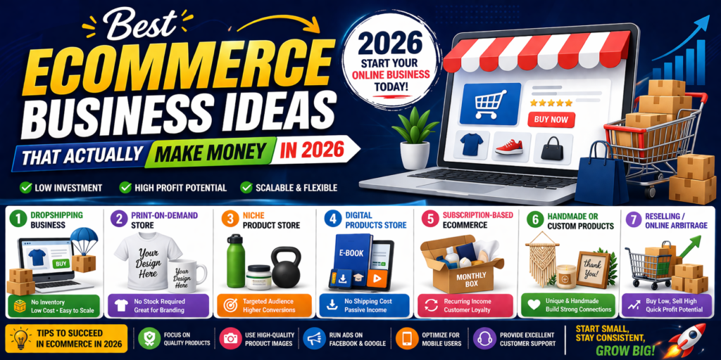 “Best eCommerce business ideas 2026 banner showing dropshipping, print on demand, digital products, and online store strategies to make money online.”