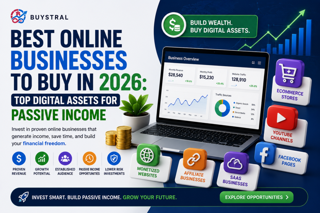 Best online businesses to buy in 2026 including monetized websites, eCommerce stores, YouTube channels, affiliate businesses, SaaS companies, and social media assets for passive income.