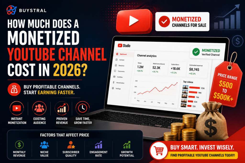 Monetized YouTube channel valuation banner showing channel analytics, subscriber growth, revenue metrics, pricing ranges, and investment opportunities in 2026.