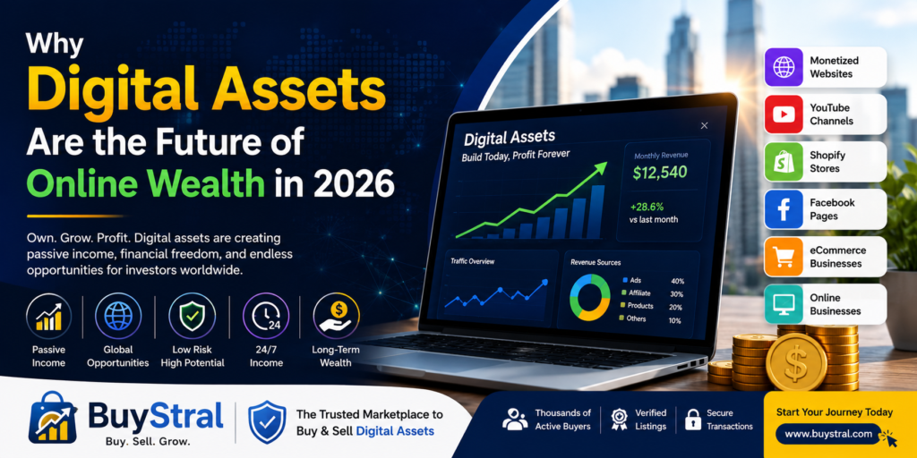 BuyStral digital assets banner featuring monetized websites, YouTube channels, Shopify stores, Facebook pages, and online businesses with income growth analytics, illustrating how digital assets create passive income and online wealth in 2026