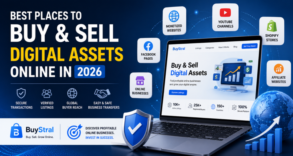 Discover the best places to buy and sell digital assets online in 2026. Explore marketplaces for monetized websites, YouTube channels, Shopify stores, Facebook pages, and profitable online businesses.