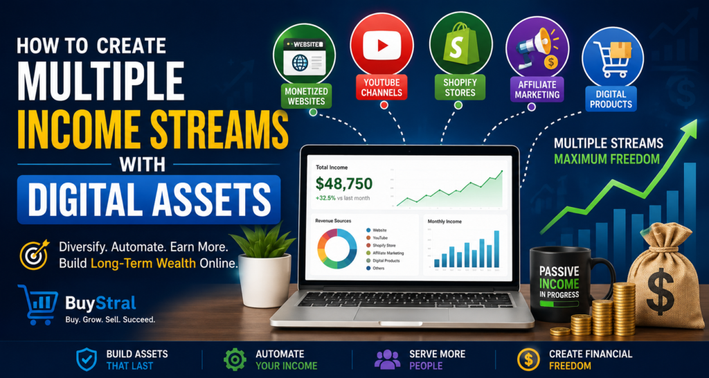 Professional BuyStral banner illustrating multiple income streams from digital assets, including monetized websites, YouTube channels, Shopify stores, affiliate marketing, and digital products, with income growth charts, passive income concepts, and online wealth-building strategies.