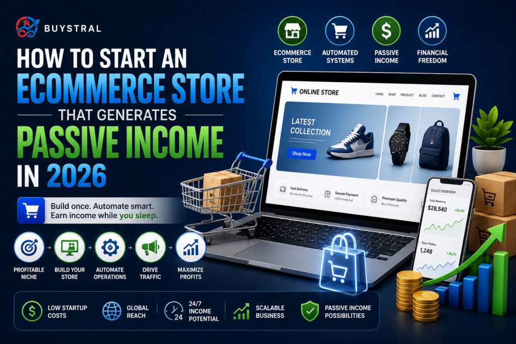 Modern eCommerce store dashboard showing automation tools, online shopping, passive income growth, sales analytics, and business scaling strategies for 2026.
